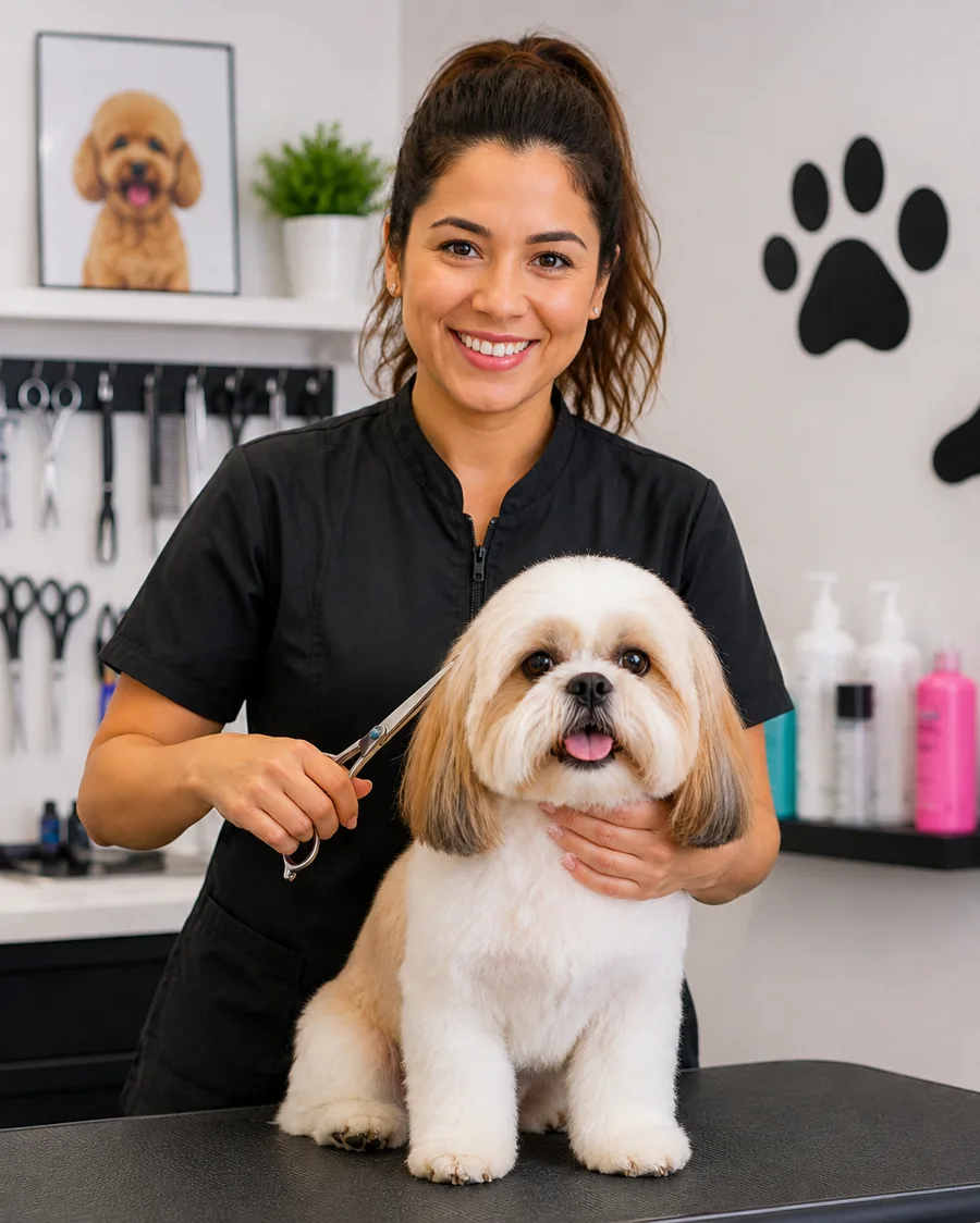 Gabriela Núñez durante una sesión de peluquería canina